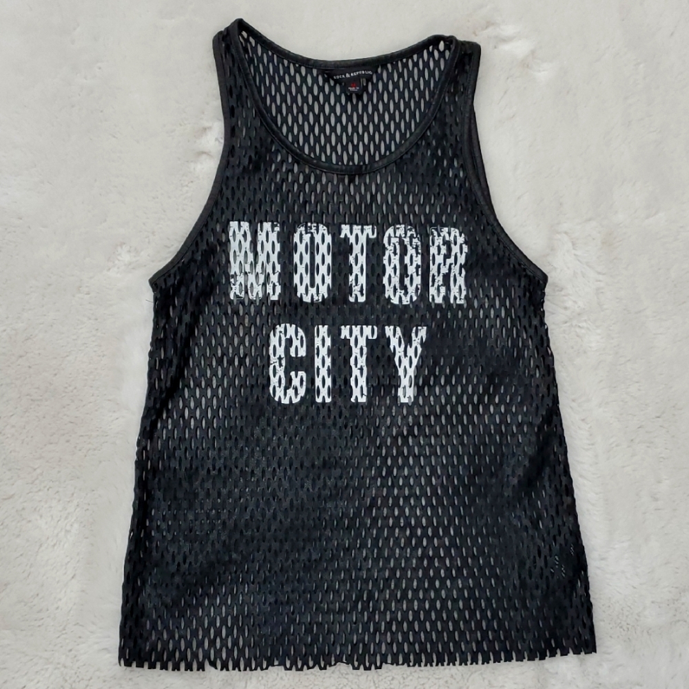 Black Faux Leather Mesh 'Motor City' Tank Top Concert Festival Size Me